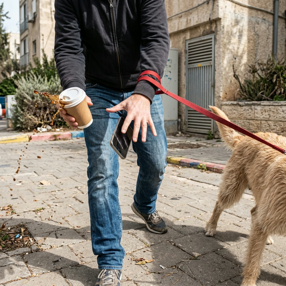 טיול עם רצועה רגילה וקפה שנשפכת